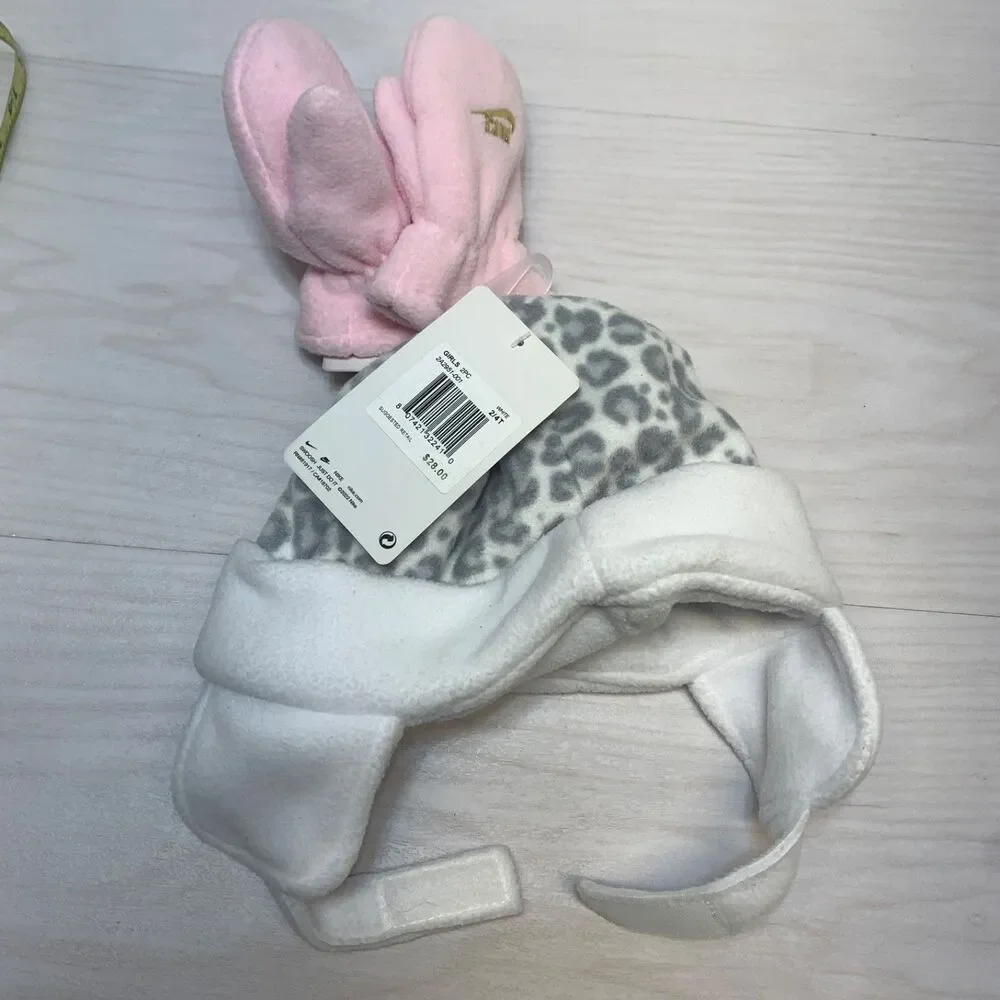 Nike Toddler Fleece Chin Strap Trapper Hat & Mittens 2 Piece Set Racer Pink 2-4T